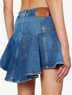 Alexander McQueen Asymmetric-hem Logo-patch Stretch-denim Mini Skirt 12 Alexander McQueen Asymmetric-hem Logo-patch Stretch-denim Mini Skirt -VogueVibe Store R04154717 BLUESTONEWASH ALT04