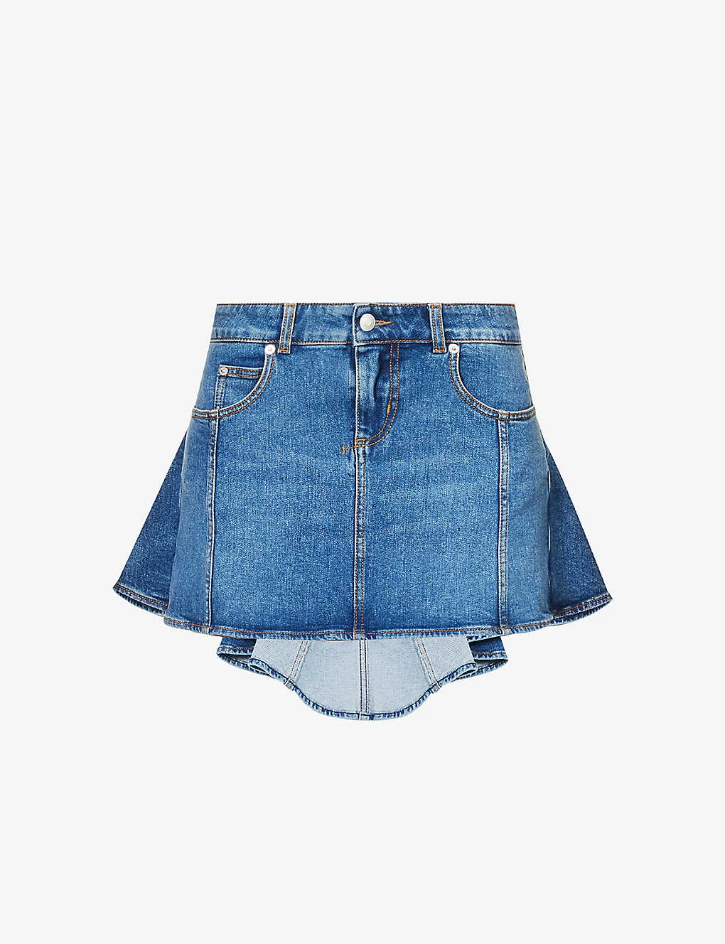 Alexander McQueen Asymmetric-hem Logo-patch Stretch-denim Mini Skirt 3 Alexander McQueen Asymmetric-hem Logo-patch Stretch-denim Mini Skirt