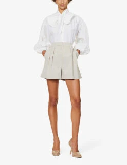 Max Mara Bormida Pleated Stretch-wool Shorts 8 Max Mara Bormida Pleated Stretch-wool Shorts -VogueVibe Store R04156246 SAND ALT01