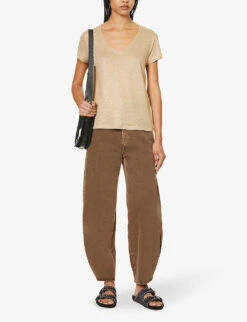 Ikks V-neck Relaxed-fit Linen T-shirt 8 Ikks V-neck Relaxed-fit Linen T-shirt -VogueVibe Store R04156270 CHAMPAGNE ALT01