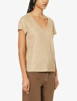 Ikks V-neck Relaxed-fit Linen T-shirt 9 Ikks V-neck Relaxed-fit Linen T-shirt -VogueVibe Store R04156270 CHAMPAGNE ALT02