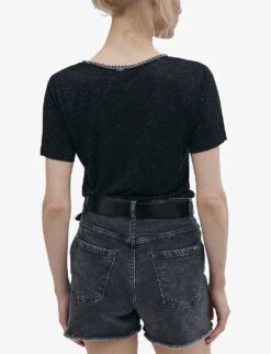 Ikks Chain-embellished V-neck Stretch-woven T-shirt -VogueVibe Store R04156327 BLACK ALT02