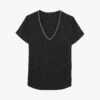 Ikks Chain-embellished V-neck Stretch-woven T-shirt -VogueVibe Store R04156327 BLACK M