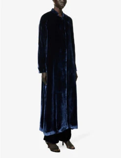 Round-neck Relaxed-fit Velour Silk-blend Coat -VogueVibe Store R04156840 NAVY ALT02
