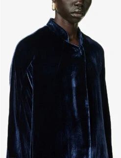 Round-neck Relaxed-fit Velour Silk-blend Coat -VogueVibe Store R04156840 NAVY ALT04