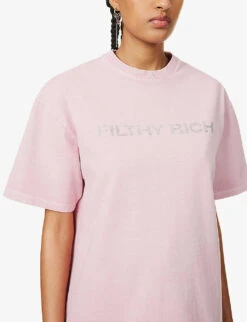 Filthy Rich Crystal-embellished Cotton T-shirt -VogueVibe Store R04156847 ROSE ALT04
