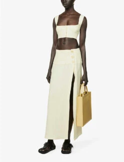 Side-split Flared-hem Linen Midi Skirt -VogueVibe Store R04157389 YELLOW ALT01