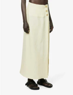 Side-split Flared-hem Linen Midi Skirt -VogueVibe Store R04157389 YELLOW ALT02
