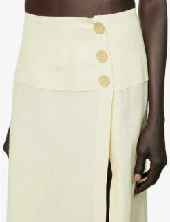 Side-split Flared-hem Linen Midi Skirt -VogueVibe Store R04157389 YELLOW ALT04