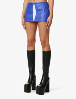 Colour-block Darted Faux-leather Mini Skirt -VogueVibe Store R04158081 BLUE ALT02