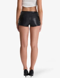 Azora Eyelet-embellished Faux-leather Micro Mini Shorts -VogueVibe Store R04158225 BLACK ALT03