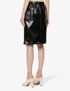 Sportmax Melinda Split-hem Croc-embossed Leather Mini Skirt -VogueVibe Store R04158880 BLACK ALT03