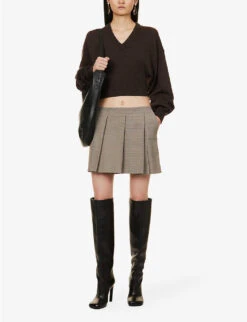 Sportmax Plaid-patterned Pleated Regular-fit Stretch-woven Mini Skirt -VogueVibe Store R04158884 CAMEL ALT01