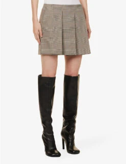 Sportmax Plaid-patterned Pleated Regular-fit Stretch-woven Mini Skirt -VogueVibe Store R04158884 CAMEL ALT02