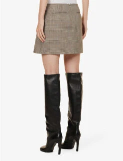 Sportmax Plaid-patterned Pleated Regular-fit Stretch-woven Mini Skirt -VogueVibe Store R04158884 CAMEL ALT03