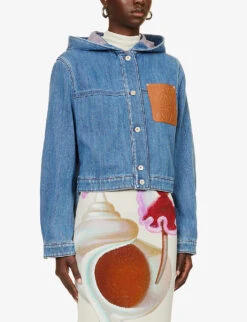 Loewe Anagram-embossed Cropped Denim Hoody -VogueVibe Store R04159285 BLUERED ALT02