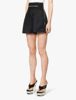 ALEXANDER WANG Safari Logo-print High-rise Cotton-blend Shorts -VogueVibe Store R04160687 BLACK ALT02