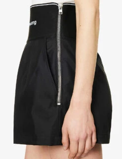 ALEXANDER WANG Safari Logo-print High-rise Cotton-blend Shorts -VogueVibe Store R04160687 BLACK ALT04