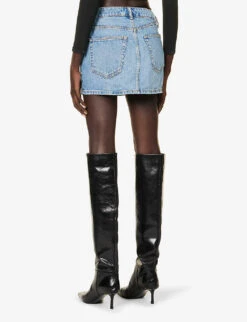 ALEXANDER WANG Asymmetric-waistband Logo-embellished Denim Mini Skirt -VogueVibe Store R04160702 VINTAGELIGHTINDIGO ALT03
