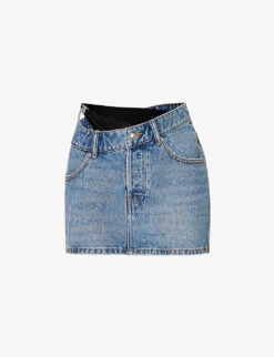 ALEXANDER WANG Asymmetric-waistband Logo-embellished Denim Mini Skirt