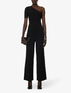 STELLA MCCARTNEY Asymmetric-neck Exposed-shoulder Knitted Jumpsuit -VogueVibe Store R04160804 BLACK ALT01