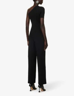 STELLA MCCARTNEY Asymmetric-neck Exposed-shoulder Knitted Jumpsuit -VogueVibe Store R04160804 BLACK ALT03