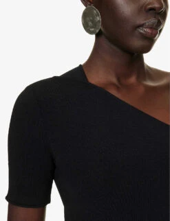 STELLA MCCARTNEY Asymmetric-neck Exposed-shoulder Knitted Jumpsuit -VogueVibe Store R04160804 BLACK ALT04