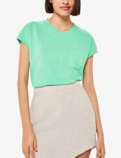 Whistles Ember Patch-pocket Cotton And Linen T-shirt -VogueVibe Store R04164049 GREEN ALT02
