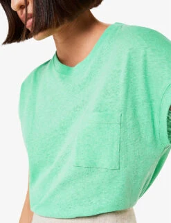 Whistles Ember Patch-pocket Cotton And Linen T-shirt -VogueVibe Store R04164049 GREEN ALT04