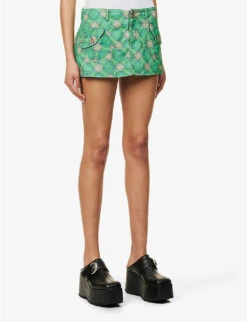 ERL Check-print Corduroy-embossed Cotton Mini Skirt -VogueVibe Store R04165348 ERLGREENPLAID ALT02