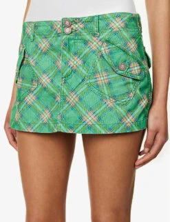 ERL Check-print Corduroy-embossed Cotton Mini Skirt -VogueVibe Store R04165348 ERLGREENPLAID ALT04
