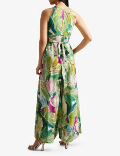 Ted Baker Floral-print Halterneck Woven Jumpsuit -VogueVibe Store R04165580 GREEN ALT02