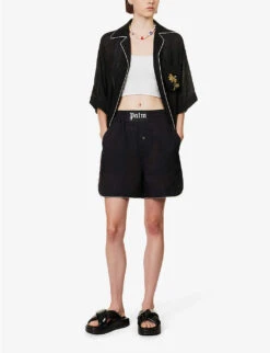 Palm Angels Logo-patch High-rise Linen Shorts -VogueVibe Store R04166266 BLACKBLACK ALT01