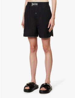 Palm Angels Logo-patch High-rise Linen Shorts -VogueVibe Store R04166266 BLACKBLACK ALT02