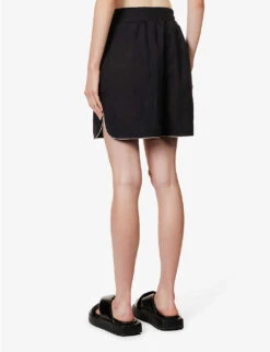 Palm Angels Logo-patch High-rise Linen Shorts -VogueVibe Store R04166266 BLACKBLACK ALT03