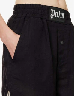 Palm Angels Logo-patch High-rise Linen Shorts -VogueVibe Store R04166266 BLACKBLACK ALT05