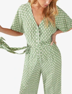 Diamond-print Belted Woven Jumpsuit -VogueVibe Store R04166377 GREEN ALT02
