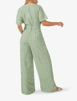 Diamond-print Belted Woven Jumpsuit -VogueVibe Store R04166377 GREEN ALT03