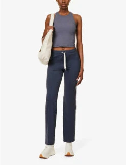 Vuori Halo Drawstring-waist Flared High-rise Stretch-recycled Polyester Trousers -VogueVibe Store R04167658 AZUREHEATHER ALT01