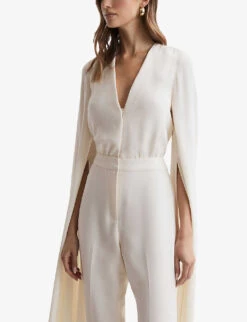 Reiss Olivia Cape-sleeve V-neck Woven Jumpsuit 9 Reiss Olivia Cape-sleeve V-neck Woven Jumpsuit -VogueVibe Store R04169118 IVORY ALT02