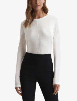 Reiss Mai Exposed-seamed Woven-blend T-shirt -VogueVibe Store R04169174 IVORY ALT02