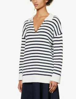 Valentino V-neck Striped Cotton-knit Jumper -VogueVibe Store R04169666 AVORIONAVY ALT02