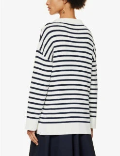 Valentino V-neck Striped Cotton-knit Jumper -VogueVibe Store R04169666 AVORIONAVY ALT03