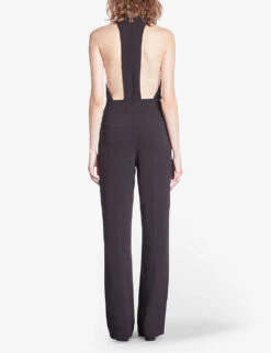 THE KOOPLES Chain-embellished Halter-neck Stretch-woven Jumpsuit -VogueVibe Store R04174574 BLACK ALT03