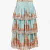 Zimmermann Devi Tiered-hem Ramie Midi Skirt -VogueVibe Store R04174581 MINTPAISLEY M