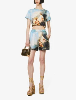Roberto Cavalli Graphic-print Mid-rise Silk Shorts -VogueVibe Store R04179645 MULTICOLOUR ALT01
