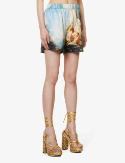 Roberto Cavalli Graphic-print Mid-rise Silk Shorts -VogueVibe Store R04179645 MULTICOLOUR ALT02