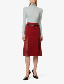 Victoria Beckham Split-front Woven-blend Midi Skirt 8 Victoria Beckham Split-front Woven-blend Midi Skirt -VogueVibe Store R04180554 POPPYRED ALT01