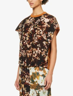 Dries Van Noten Floral-print Contrasting-back Cotton-blend T-shirt -VogueVibe Store R04180736 RUST ALT02
