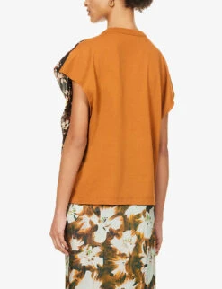 Dries Van Noten Floral-print Contrasting-back Cotton-blend T-shirt -VogueVibe Store R04180736 RUST ALT03